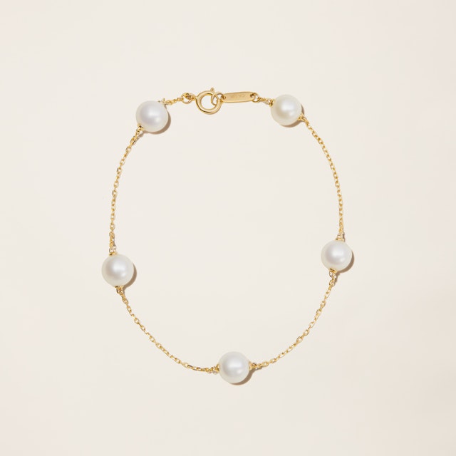 14k Solid Gold Cultured Pearl Station Bracelet
