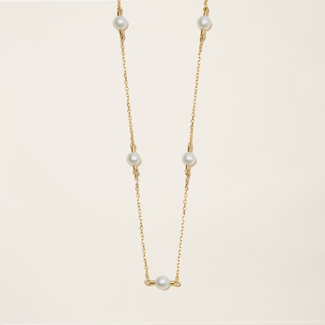 14k Solid Gold Mini Cultured Pearl Station Necklace