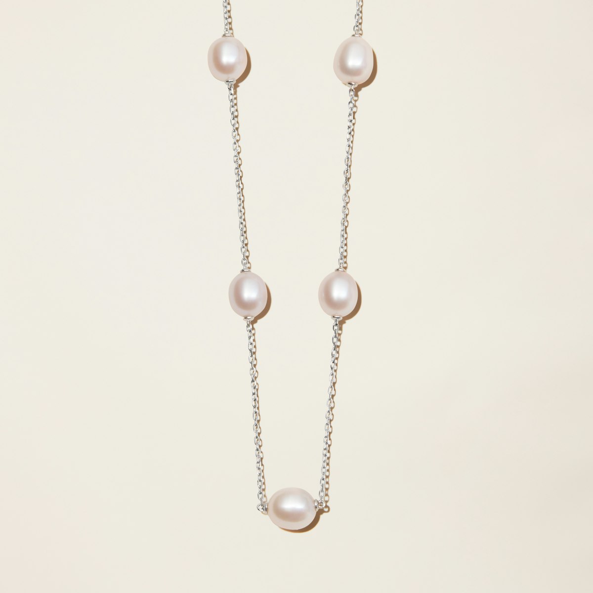 14k Solid Gold Cultured Pearl Station Necklace