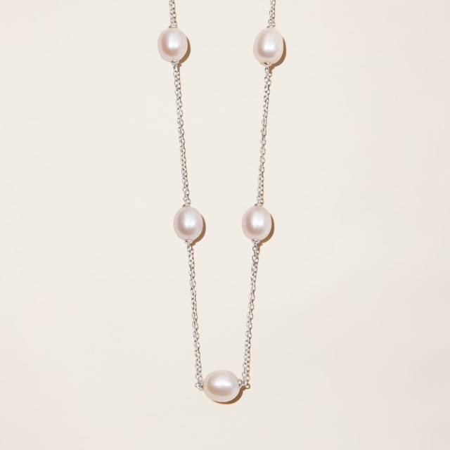14k Solid Gold Cultured Pearl Station Necklace
